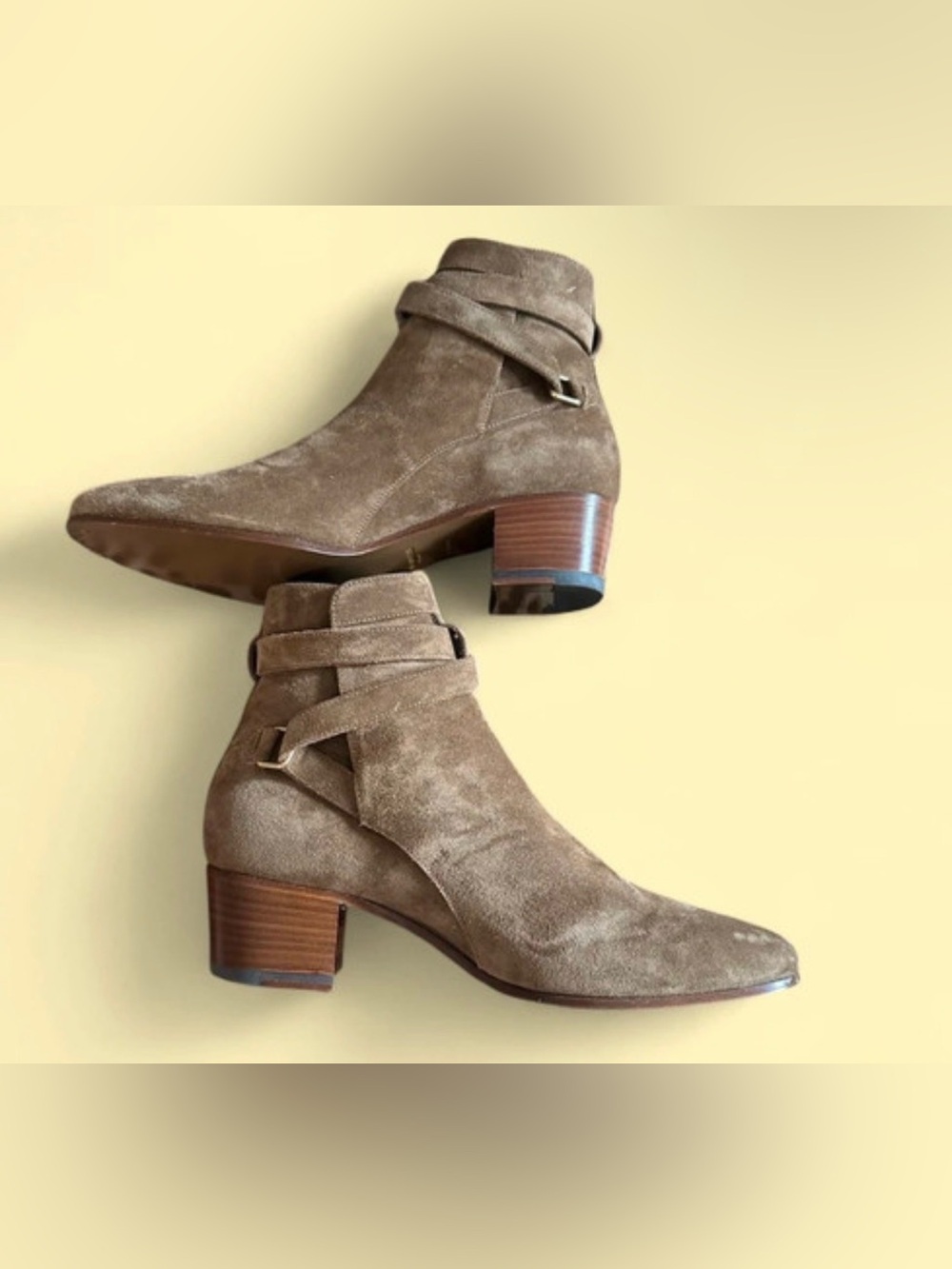 Saint Laurent Taupe Suede Ankle Boots with Wrapped Strap